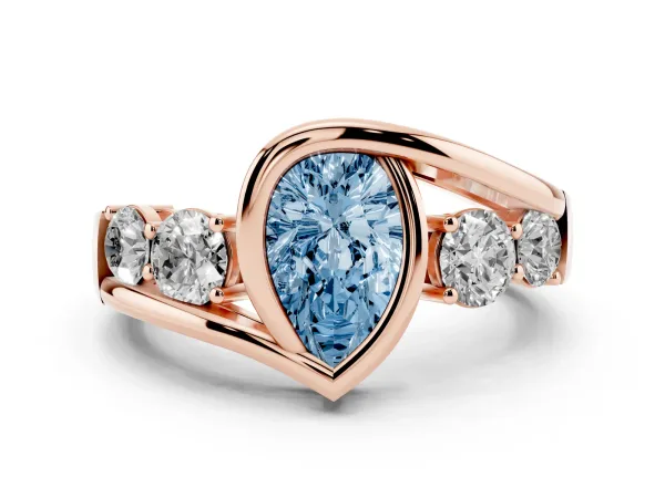 Fancy Blue Bezel Set Pear Cut Diamond Bypass Ring with Round Accents Rose gold