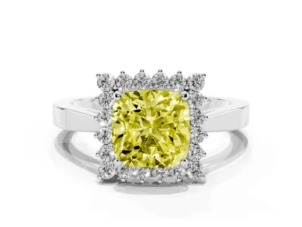 Fancy Yellow Cushion Cut Cut Diamond Halo Ring with Round Brilliant Halo and Solitaire Band White gold
