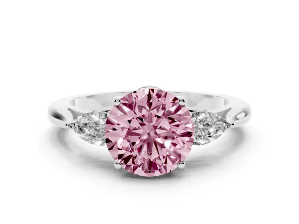 Fancy Pink Round Cut Diamond Three-Stone Ring with Pear Side Stones and Prong Setting White gold