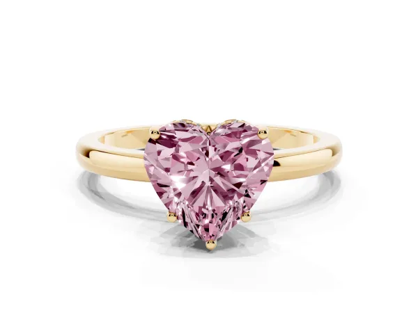Fancy Pink Heart Cut Solitaire Diamond Ring with Prong Setting and Plain Band Yellow gold