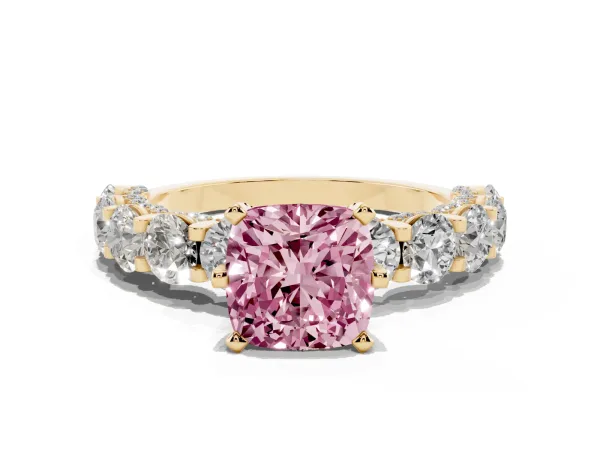 Fancy Pink Cushion Cut Diamond Side Stone Engagement Ring with Four-Prong Setting Yellow gold