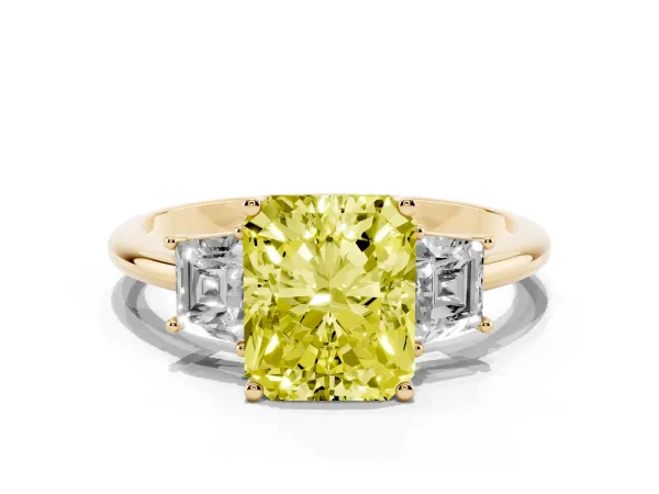 Fancy Yellow Radiant Cut Diamond Three-Stone Ring with Trapezoid Side Stones and Prong Setting Yellow gold
