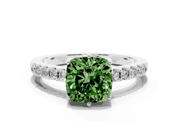 Fancy Green Cushion Cut Solitaire Diamond Engagement Ring with Pavé Band and Six-Prong Setting Platinum