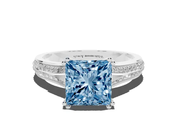 Fancy Blue Princess Cut Diamond Split Shank Engagement Ring with Pavé Band Platinum