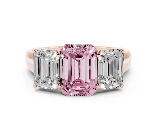 Fancy Pink Emerald Cut Three-Stone Diamond Ring with Prong Setting on a Classic Band Rose gold