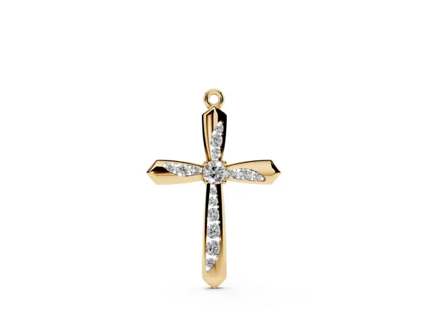 Gold Cross Pendant with Round Cut Stones and Prong Setting Yellow gold