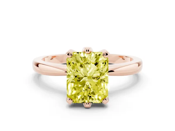 Fancy Yellow Radiant Cut Solitaire Engagement Ring with Six-Prong Setting and Tapered Band Rose gold