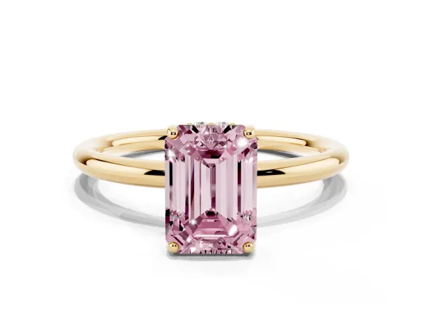 Fancy Pink Emerald Cut Solitaire Diamond Ring with a Classic Band and Four-Prong Setting Yellow gold