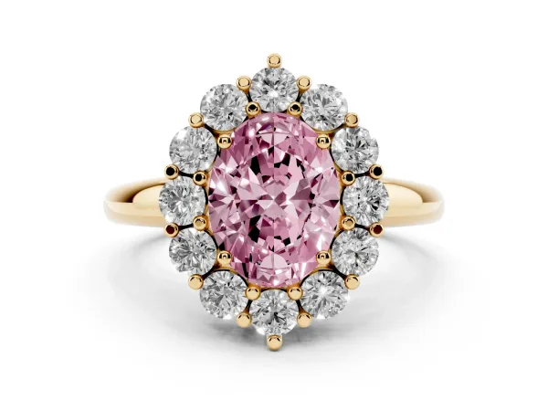 Fancy Pink Oval Cut Halo Cluster Diamond Engagement Ring with Prong Setting and Polished Band Yellow gold