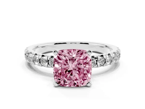Fancy Pink Cushion Cut Diamond Solitaire Pavé Engagement Ring with Round Band and Prong Setting Platinum