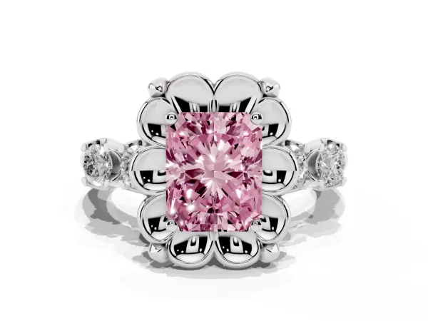 Fancy Pink Radiant Cut Cut Diamond Floral Halo Engagement Ring with Shared Prong Setting White gold