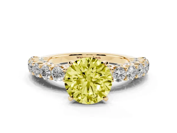 Fancy Yellow Round Cut Diamond Solitaire Ring with Shared Prong Pavé Band and Four-Prong Setting Yellow gold