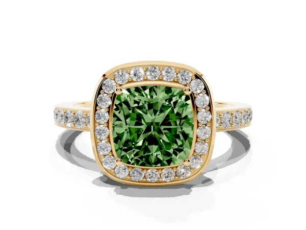 Fancy Green Cushion Cut Diamond Halo Ring with Bezel Frame and Pavé Band Yellow gold