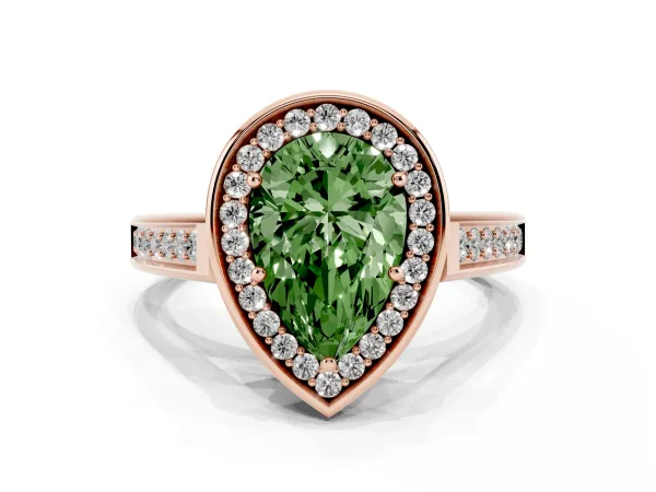 Fancy Green Pear Cut Halo Solitaire Diamond Ring with Pave Band and Bezel Setting Rose gold