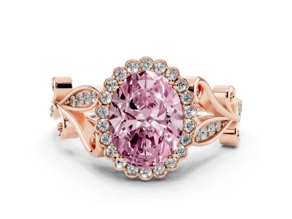 Fancy Pink Oval Cut Diamond Halo Ring with Vintage Split Shank and Four-Prong Setting Rose gold