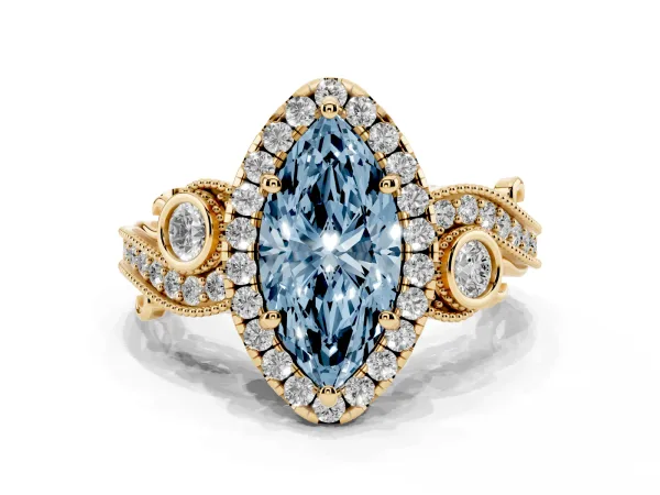 Fancy Blue Marquise Cut Diamond Halo Ring with Milgrain Pavé Band and Four-Prong Setting Yellow gold