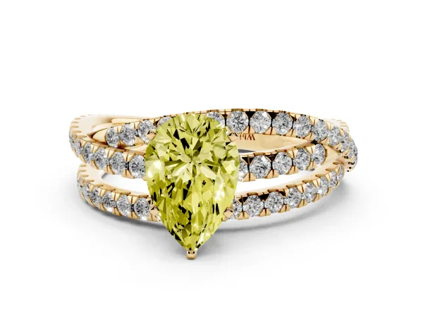 Fancy Yellow Pear Cut Solitaire Twist Band with Pavé Setting and Four-Prong Setting Yellow gold