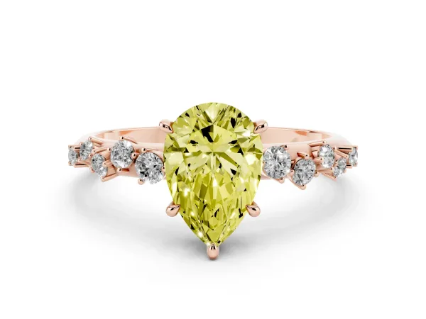 Fancy Yellow Pear Cut Diamond Cluster Side Stone Solitaire Ring with Prong Setting Rose gold