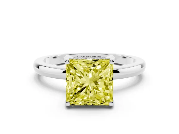 Fancy Yellow Princess Cut Solitaire Diamond Ring with Prong Setting and Plain Band Platinum