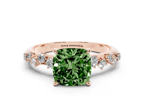 Fancy Green Cushion Cut Diamond Cluster Side Stone Solitaire Ring with Prong Setting Rose gold