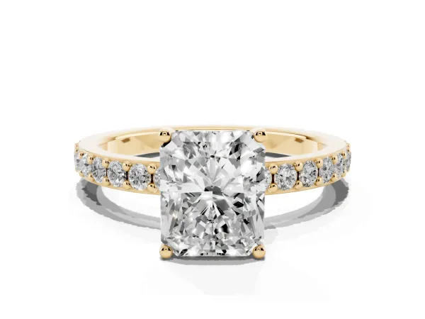 Radiant Cut Cut Diamond Solitaire with Pave Band and Four-Prong Setting Yellow gold