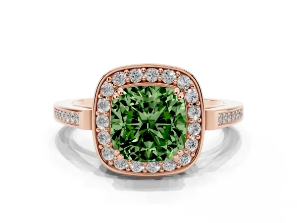 Fancy Green Cushion Cut Diamond Halo Ring with Split Shank and Four-Prong Setting Rose gold