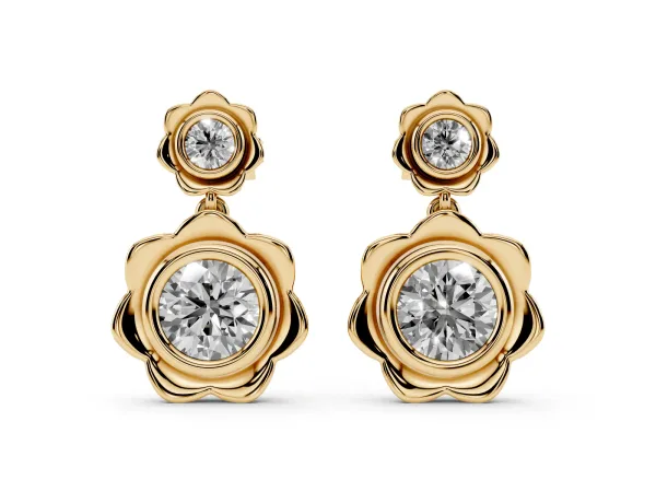 Round Diamond Flower Drop Earrings with Lab Diamond Accents Yellow gold