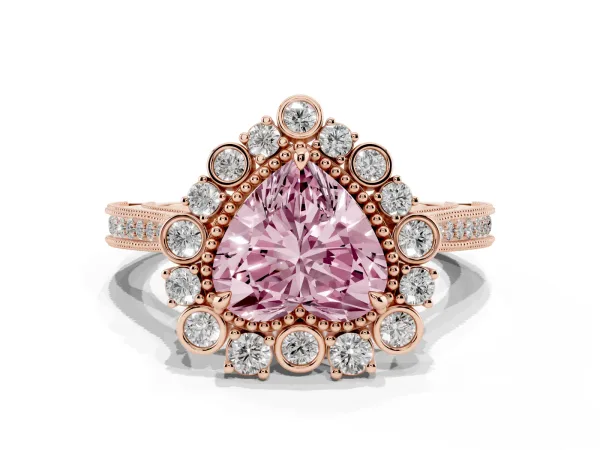 Fancy Pink Heart Cut Halo Milgrain Pave Diamond Ring with Four-Prong Setting Rose gold