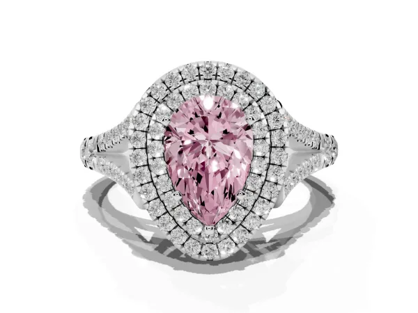 Fancy Pink Pear Cut Cut Double Halo Split Shank Diamond Ring with Prong Setting Platinum
