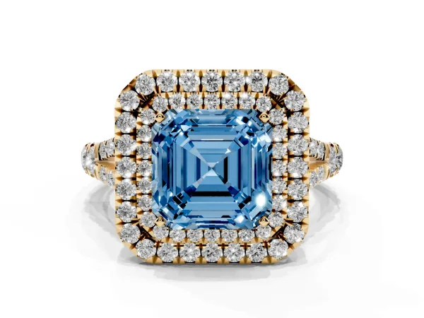 Fancy Blue Asscher Cut Cut Double Halo Split Shank Diamond Ring with Prong Setting Yellow gold