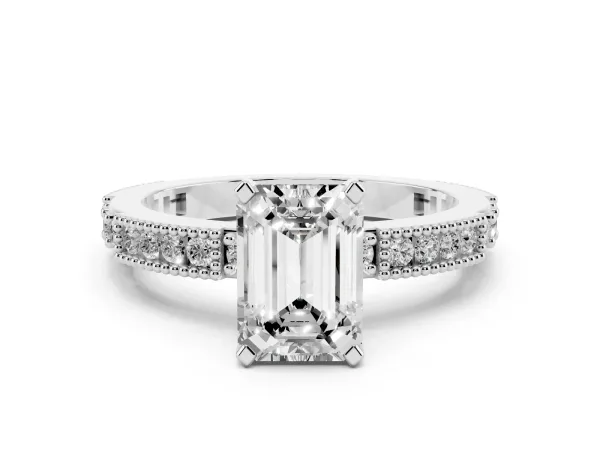 Emerald Cut Solitaire with Pavé Band and Four-Prong Setting Platinum