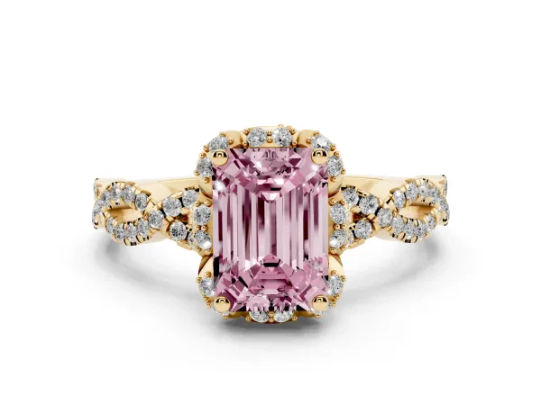 Fancy Pink Emerald Cut Halo Twist Band Solitaire Ring with Six-Prong Setting Yellow gold