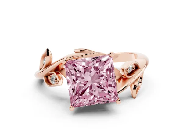 Fancy Pink Princess Cut Solitaire Twist Engagement Ring with Leaf Accents and Prong Setting Rose gold