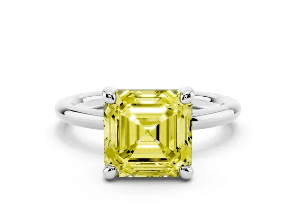 Fancy Yellow Asscher Cut Solitaire Diamond Ring with Four-Prong Setting on a Plain Band Platinum