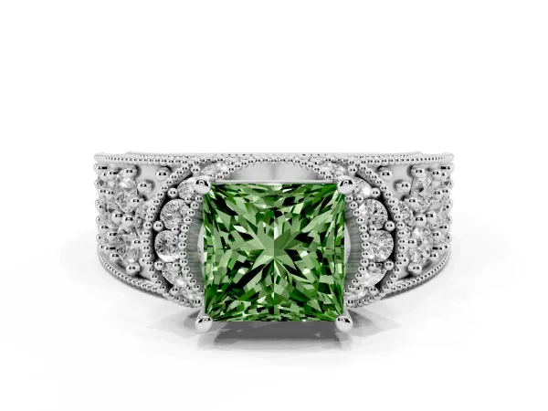 Fancy Green Princess Cut Halo Pave Diamond Engagement Ring with Milgrain Detailing Platinum