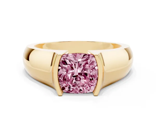 Fancy Pink Cushion Cut Solitaire Bezel Set Diamond Ring with Wide Band Yellow gold