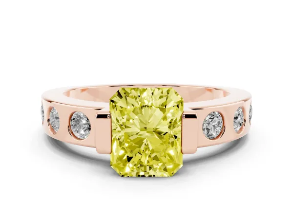 Fancy Yellow Radiant Cut Brilliant Channel-Set Diamond Ring with Bezel Prong Setting Rose gold