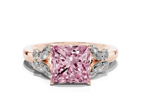 Fancy Pink Princess Cut Cut Solitaire Floral Diamond Ring with Four-Prong Setting Rose gold