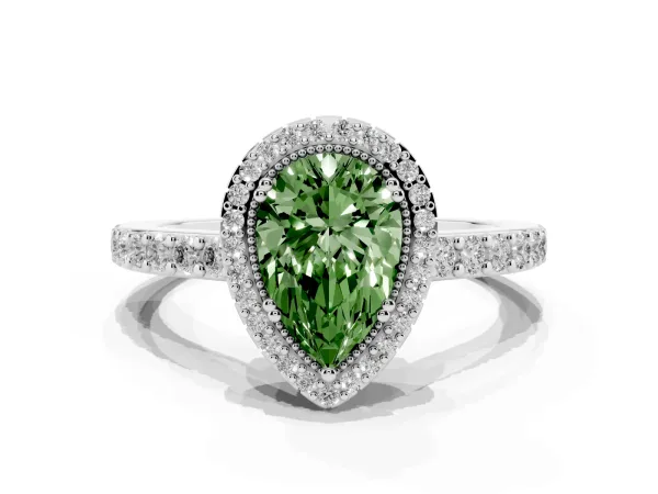 Fancy Green Pear Cut Cut Diamond Halo Engagement Ring with Milgrain Detail and Pavé Band Platinum