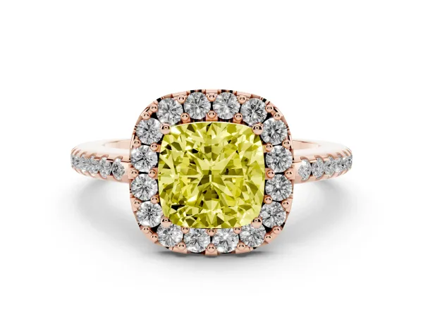 Fancy Yellow Cushion Cut Diamond Pavé Halo Ring with Four-Prong Setting Rose gold