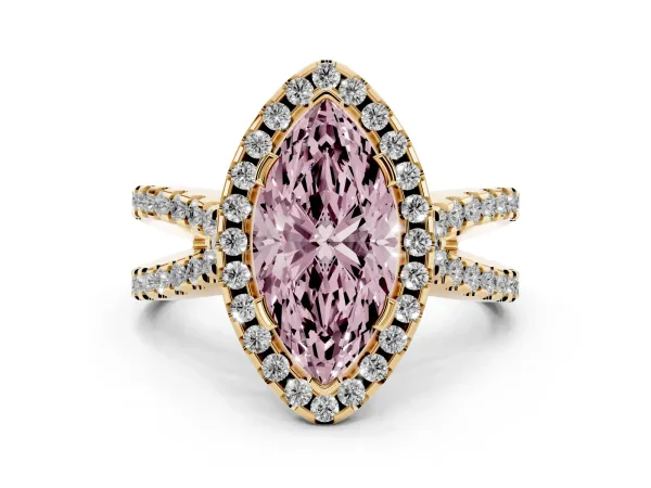 Fancy Pink Marquise Cut Diamond Halo Ring with Split Shank Pavé Band and Prong Setting Yellow gold