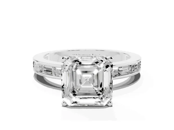 Asscher Cut Solitaire Diamond Ring with Channel-Set Baguette Band and Four-Prong Setting White gold