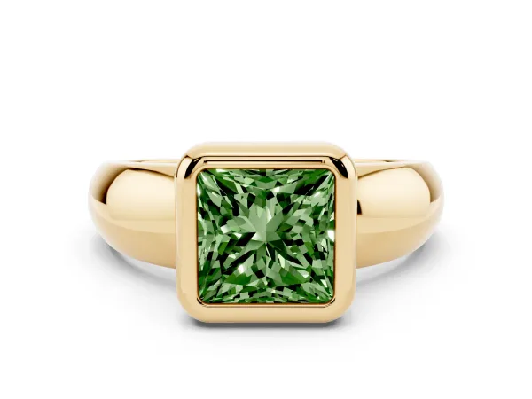 Fancy Green Bezel Set Princess Cut Solitaire Ring with Wide Band Yellow gold