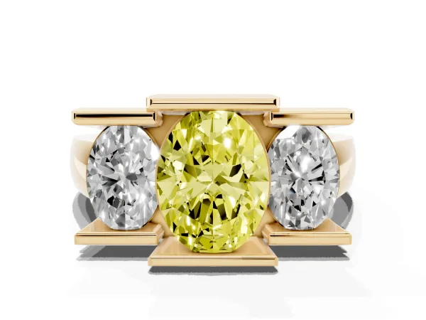Fancy Yellow Three Stone Oval Cut Cut Channel Set Diamond Ring Yellow gold
