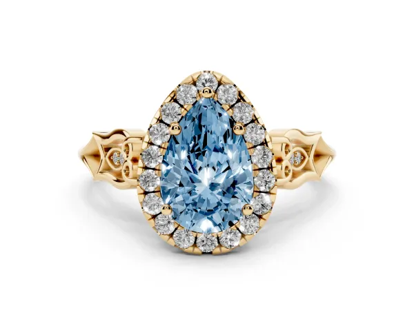 Fancy Blue Pear Cut Halo Diamond Engagement Ring with Filigree Band and Four-Prong Setting Yellow gold