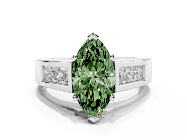 Fancy Green Marquise Cut Cut Channel Set Solitaire Ring with Four-Prong Setting Platinum