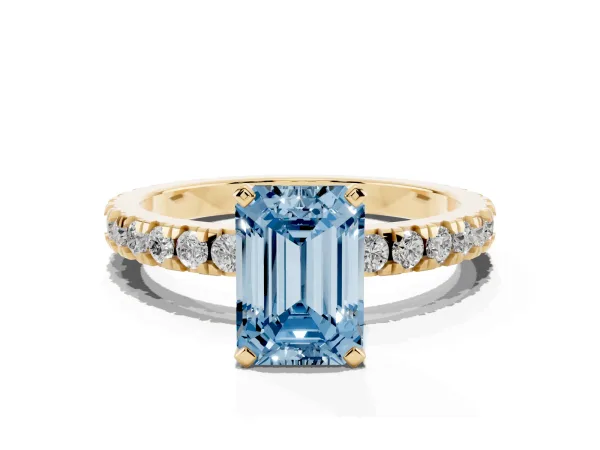 Fancy Blue Emerald Cut Diamond Pavé Band Solitaire with Four-Prong Setting Yellow gold
