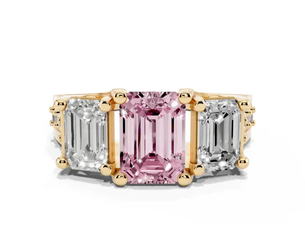 Fancy Pink Emerald Cut Diamond Three-Stone Ring with Channel Set Band and Four-Prong Setting Yellow gold