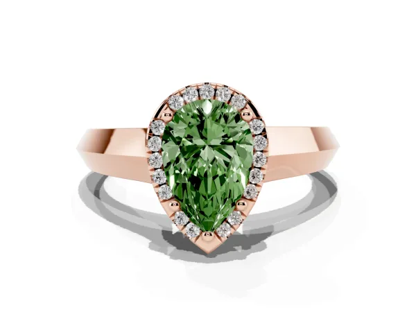 Fancy Green Pear Cut Halo Diamond Ring with Cathedral Band and Four-Prong Setting Rose gold