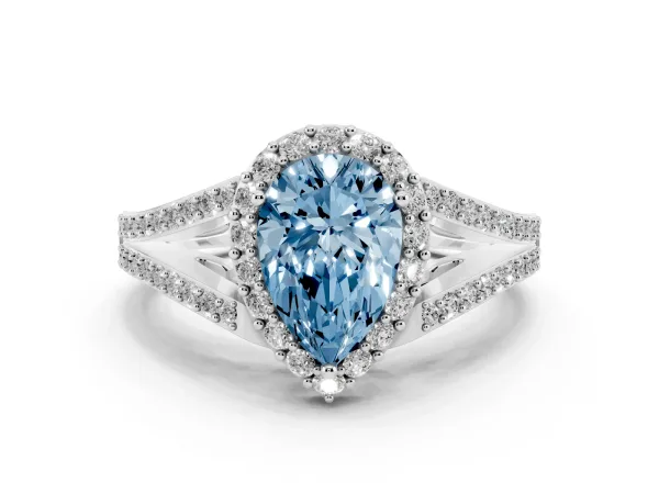 Fancy Blue Pear Cut Halo Split Shank Pave Diamond Ring with Four-Prong Setting Platinum
